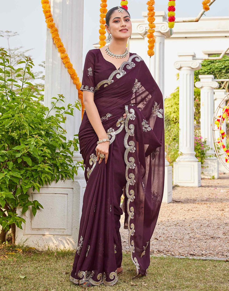 Dark Brown Shimmer Sequence Embroidery Saree