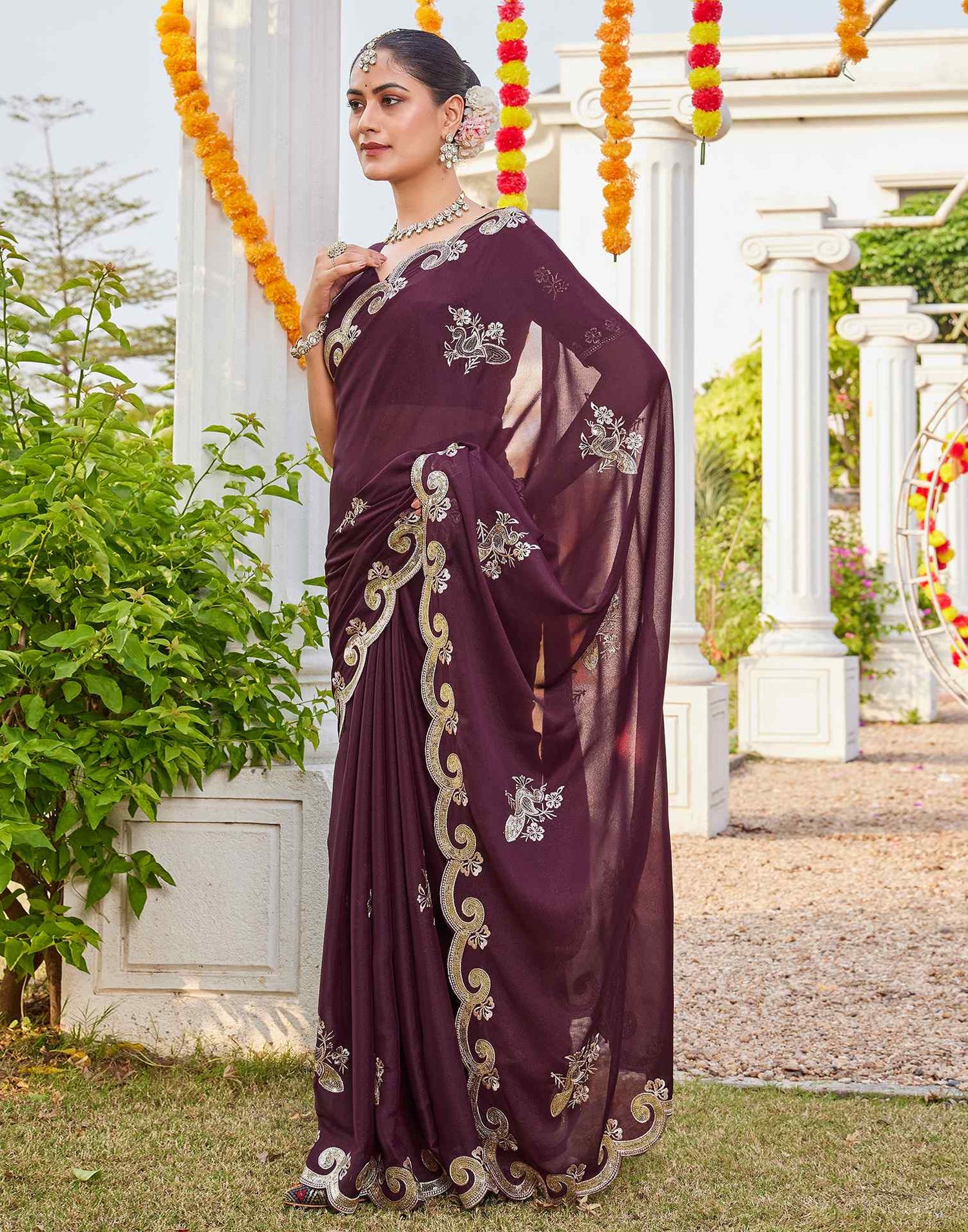 Dark Brown Shimmer Sequence Embroidery Saree