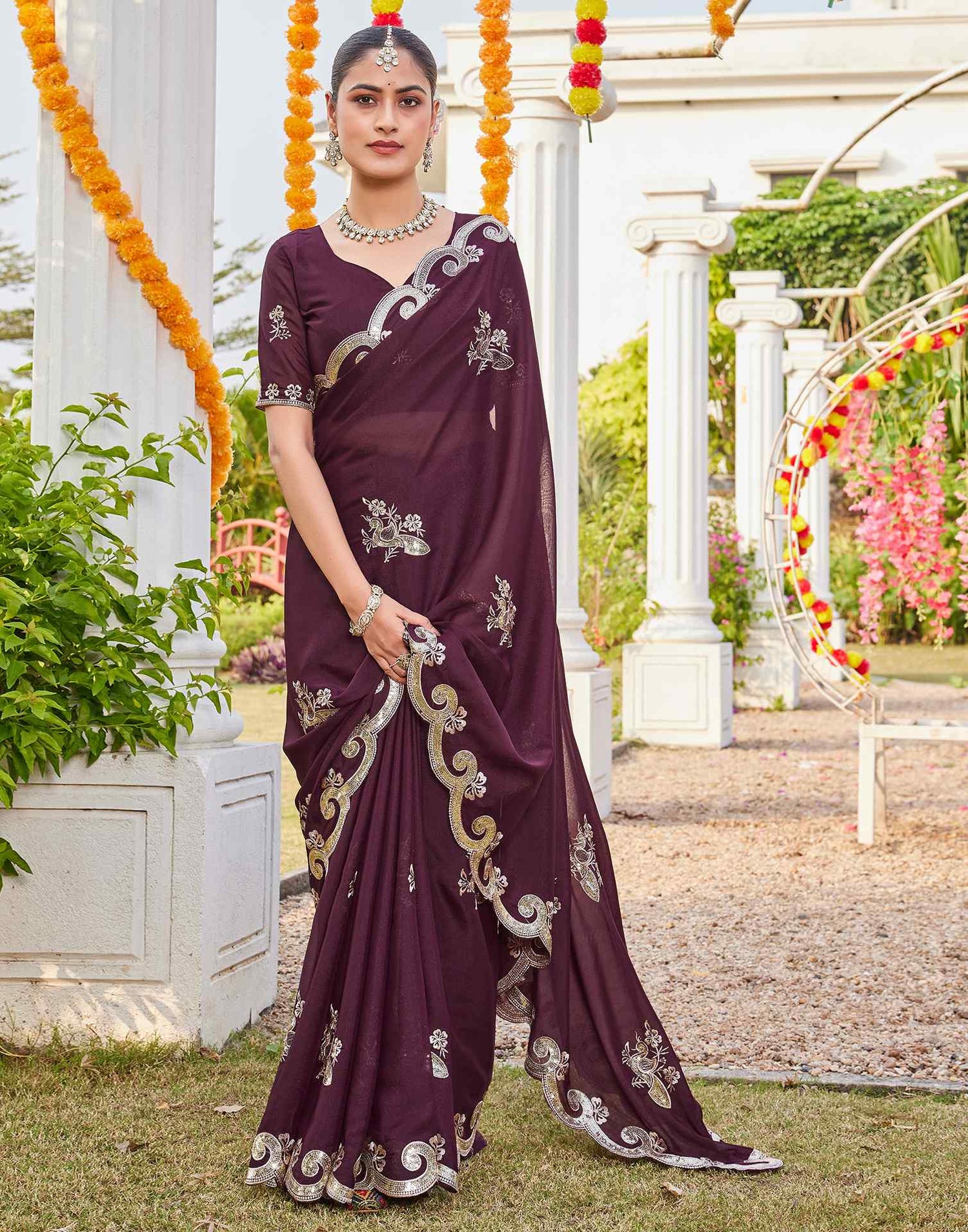 Dark Brown Shimmer Sequence Embroidery Saree