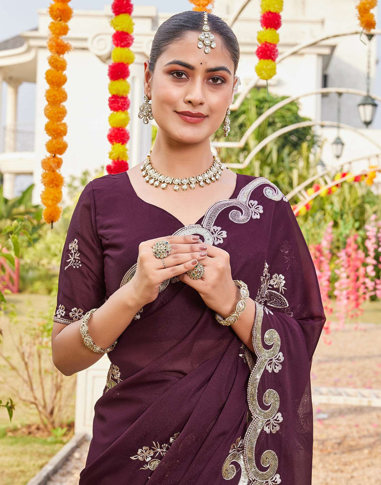 Dark Brown Shimmer Sequence Embroidery Saree