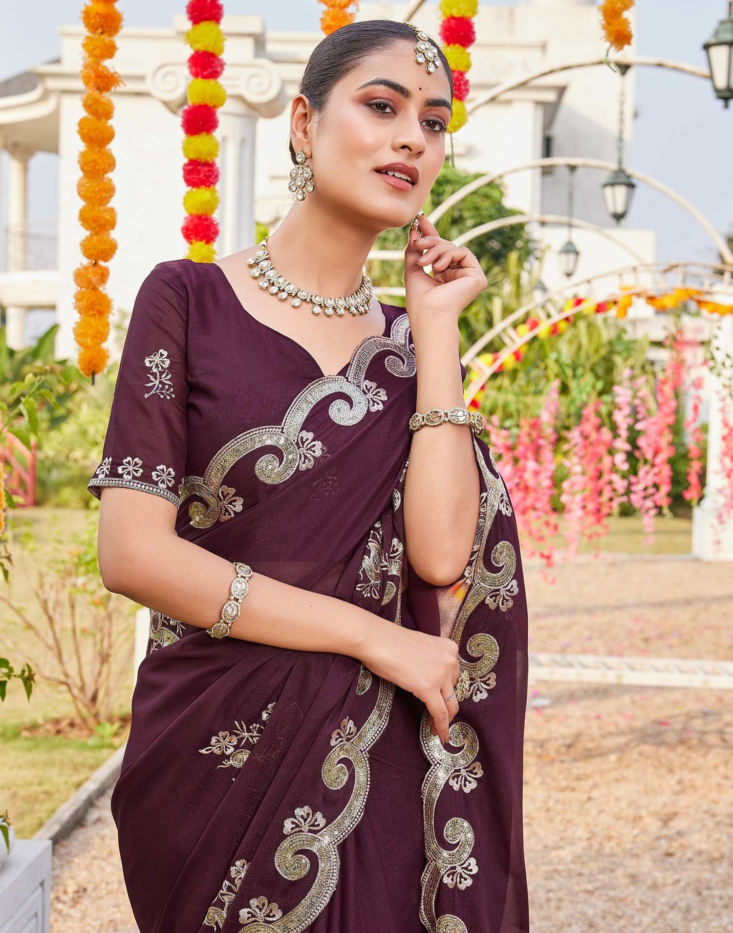 Dark Brown Shimmer Sequence Embroidery Saree