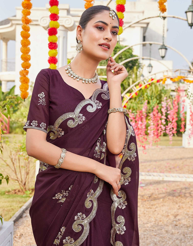 Dark Brown Shimmer Sequence Embroidery Saree