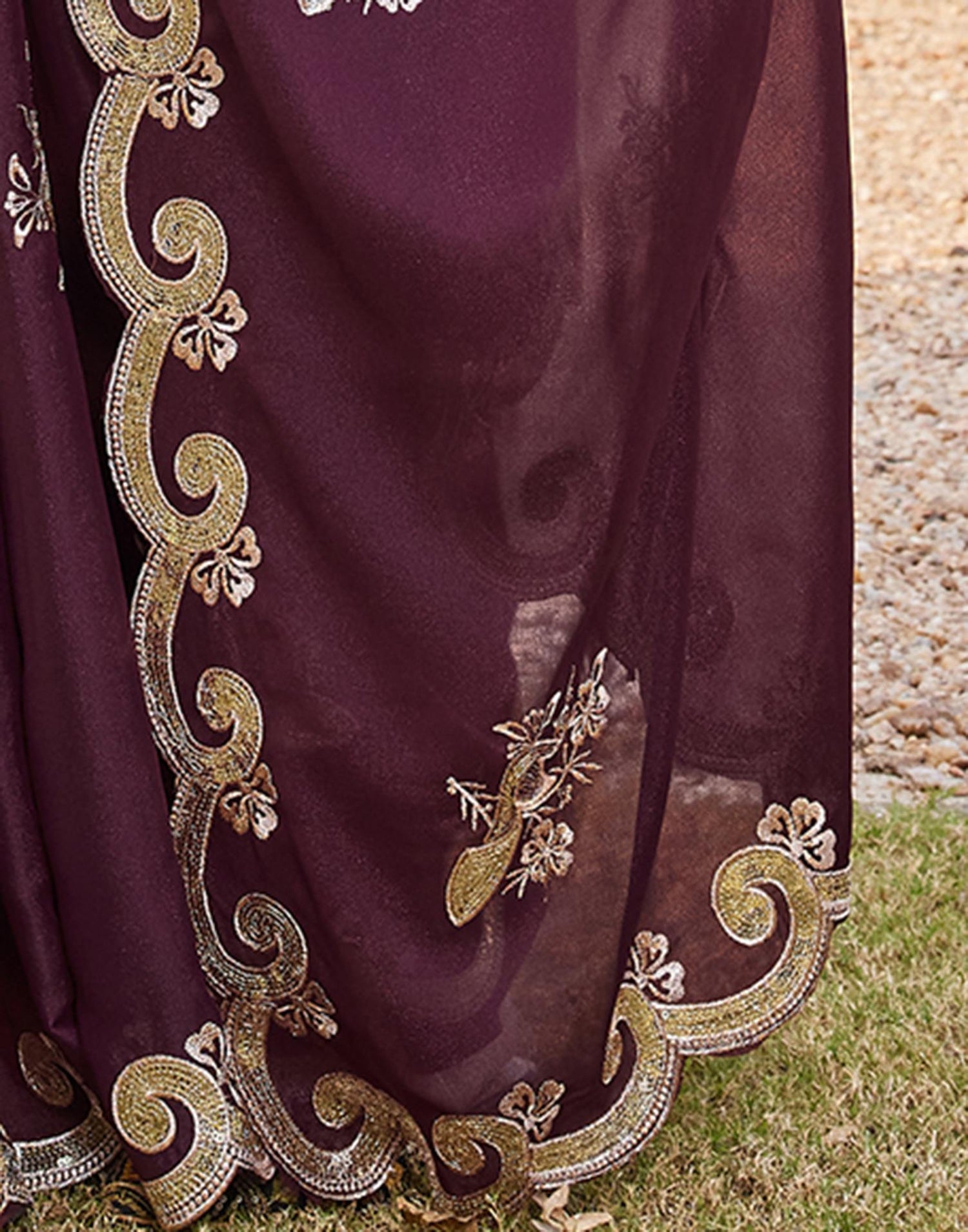 Dark Brown Shimmer Sequence Embroidery Saree