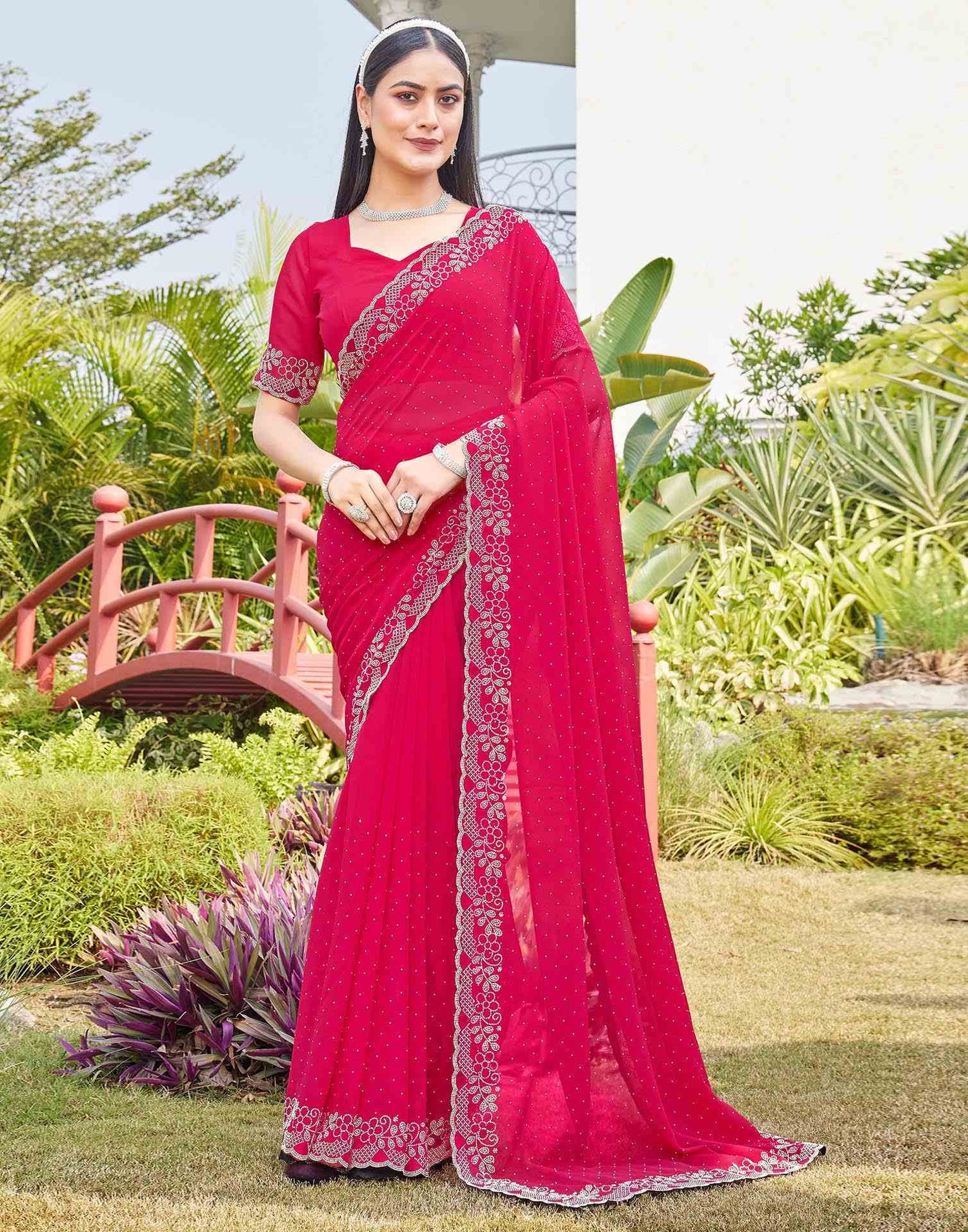 Pink Georgette Stone Work Swarovski Saree