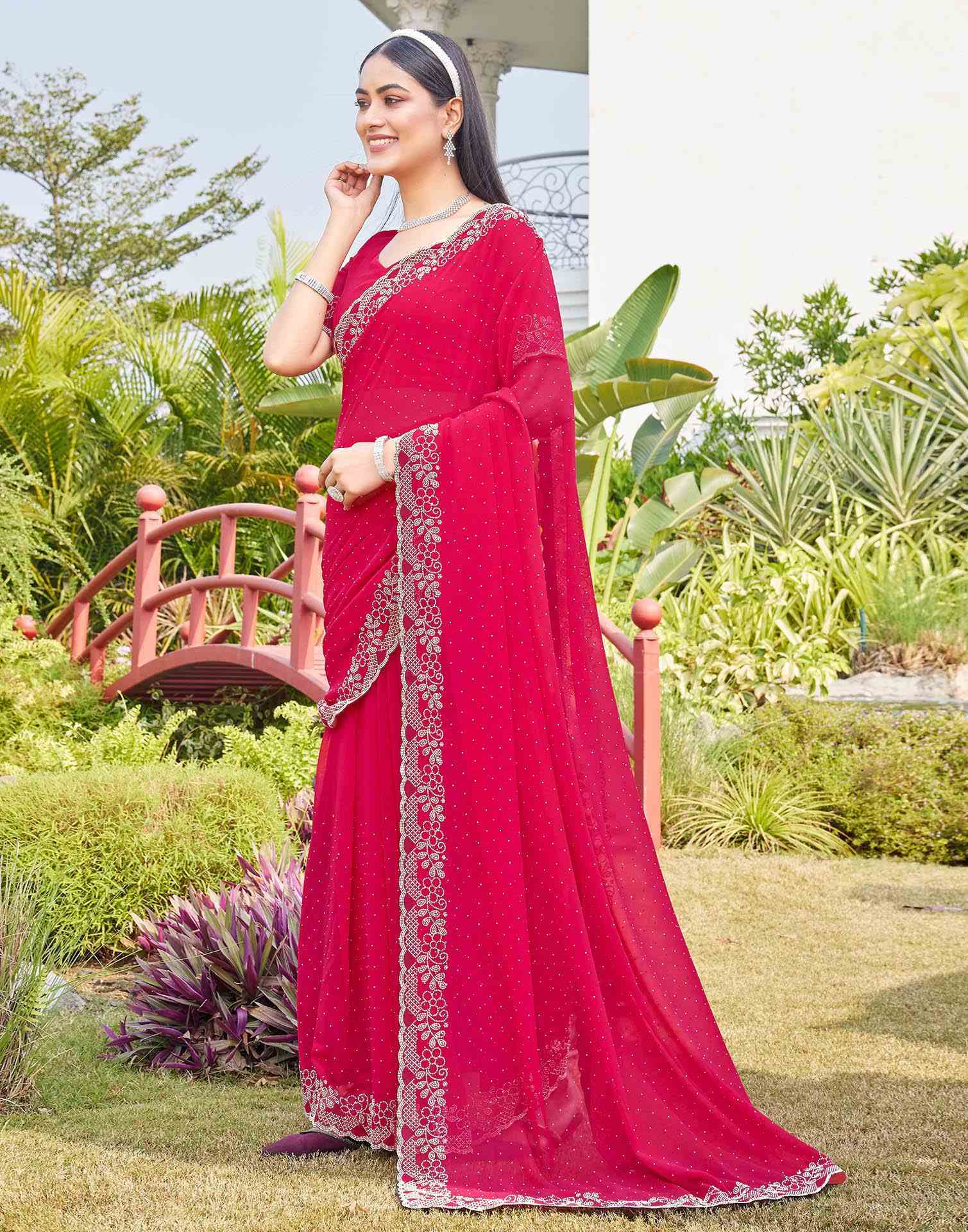 Pink Georgette Stone Work Swarovski Saree