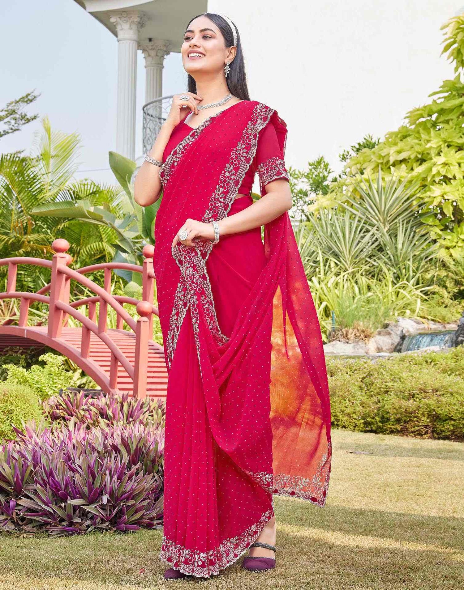 Pink Georgette Stone Work Swarovski Saree