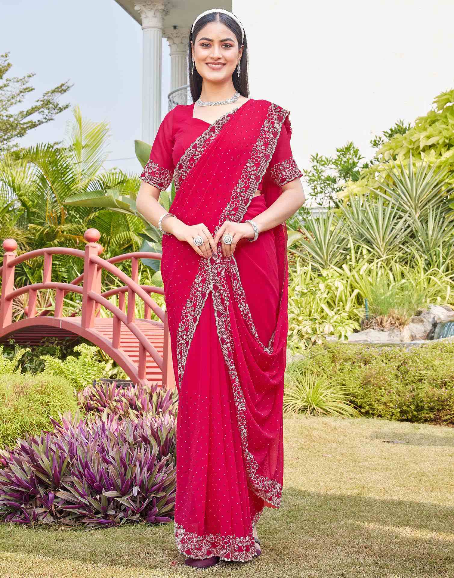 Pink Georgette Stone Work Swarovski Saree