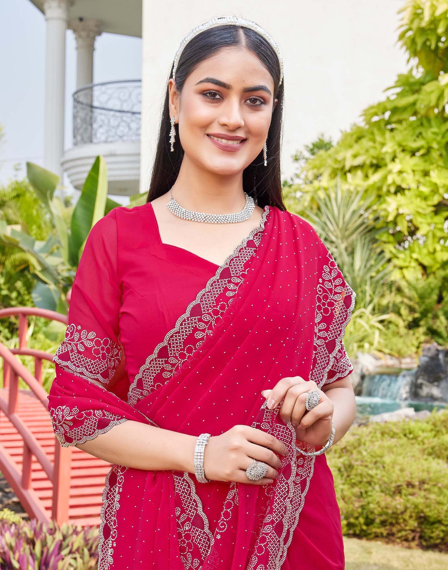 Pink Georgette Stone Work Swarovski Saree