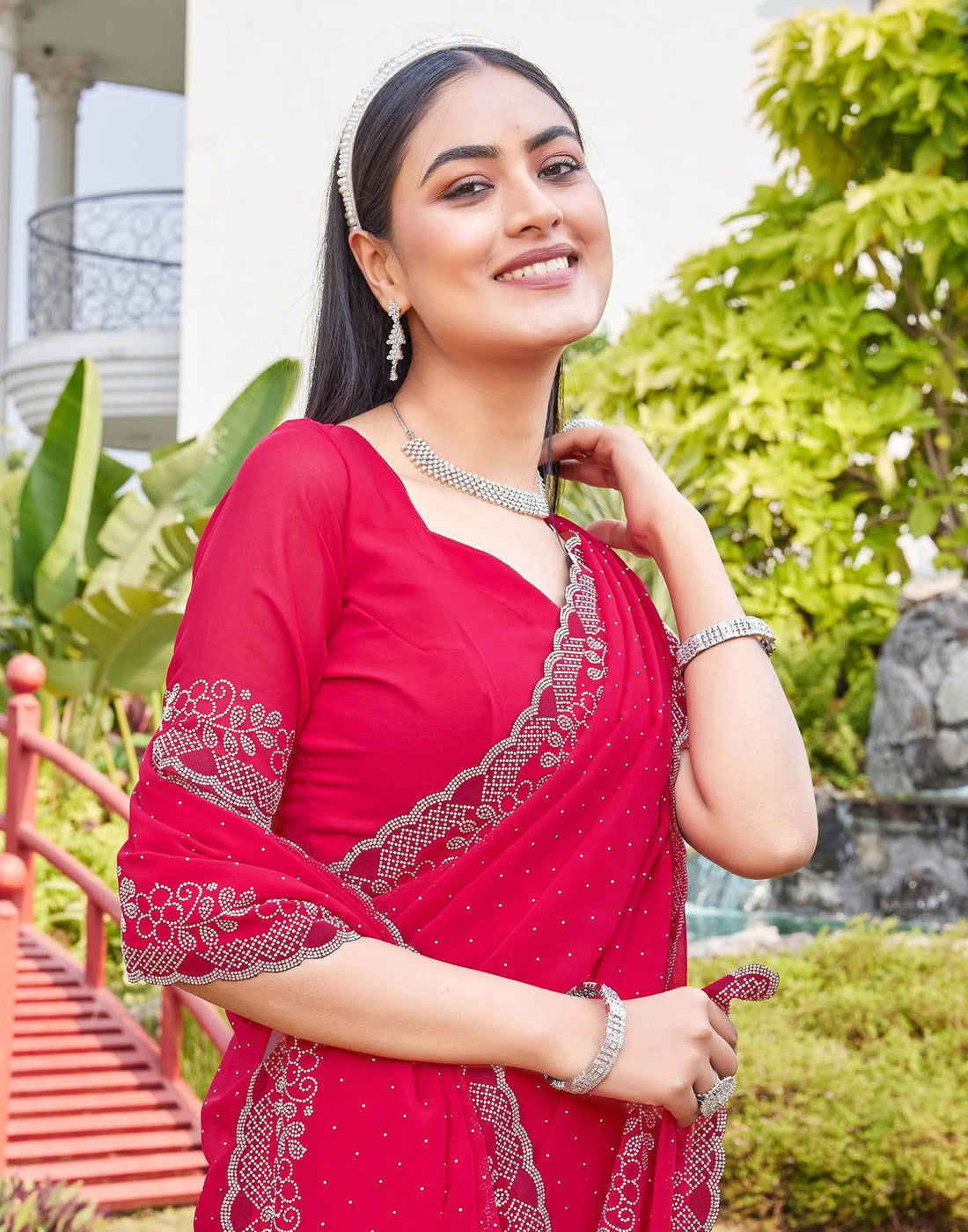 Pink Georgette Stone Work Swarovski Saree