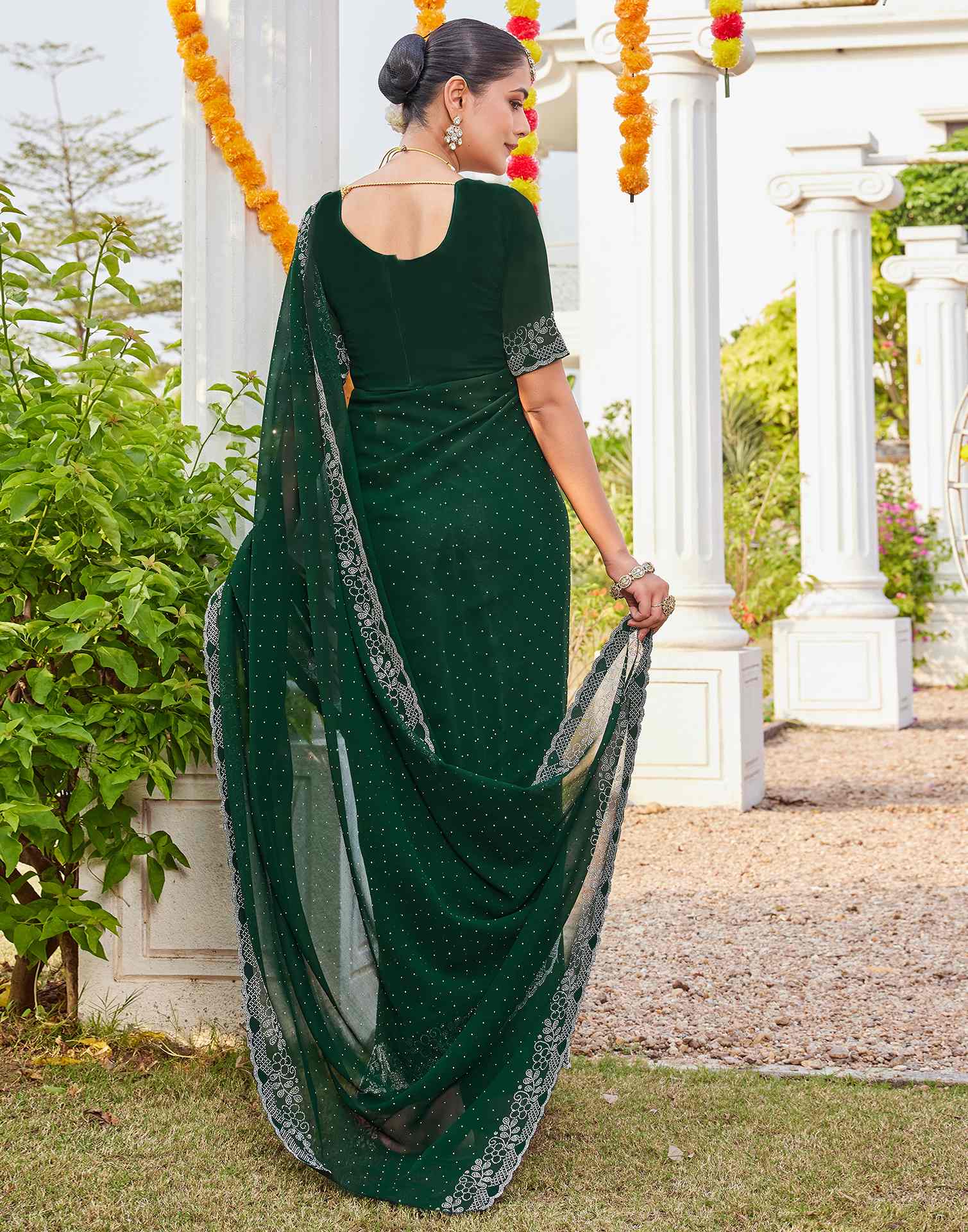 Green Georgette Stone Work Swarovski Saree
