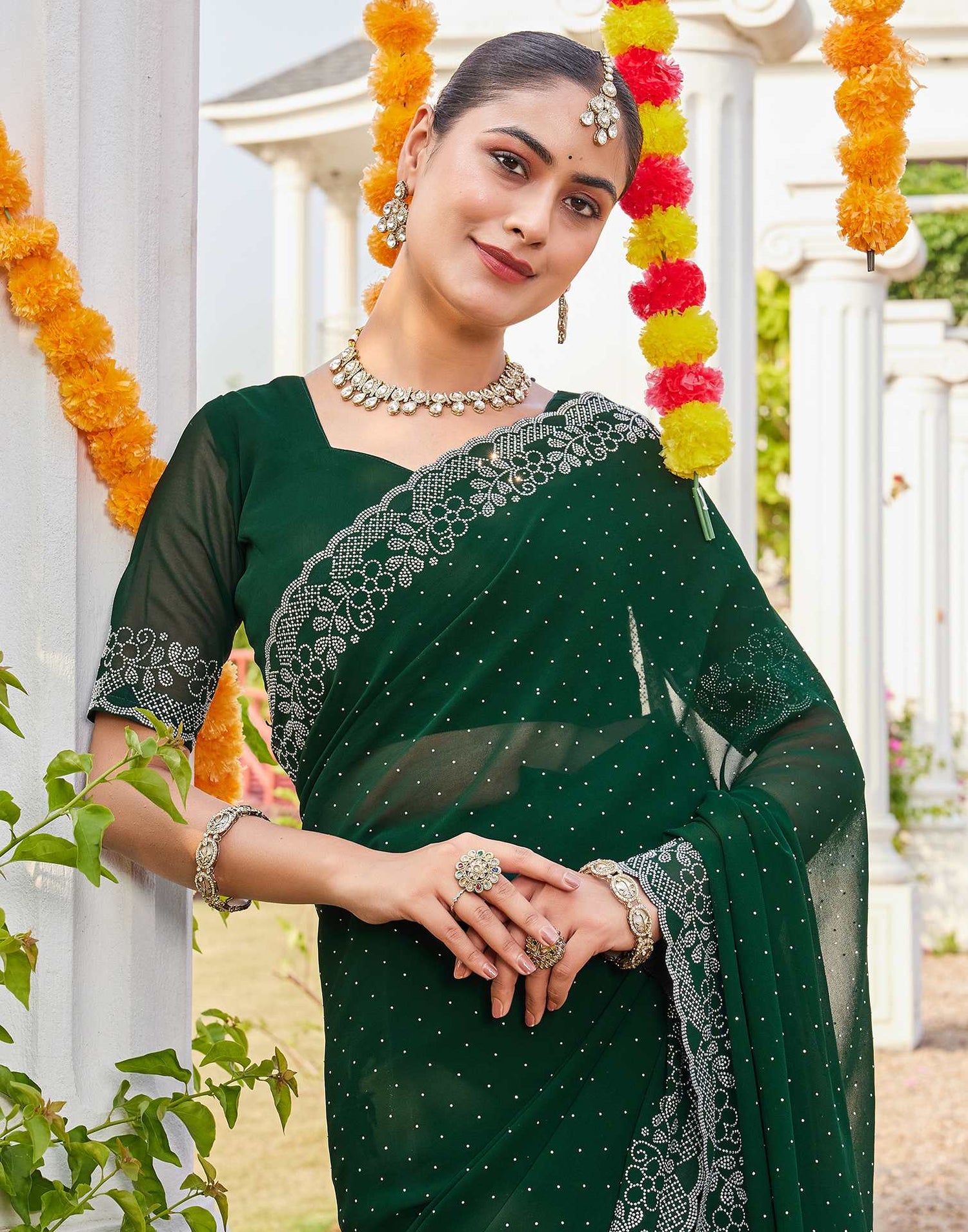 Green Georgette Stone Work Swarovski Saree
