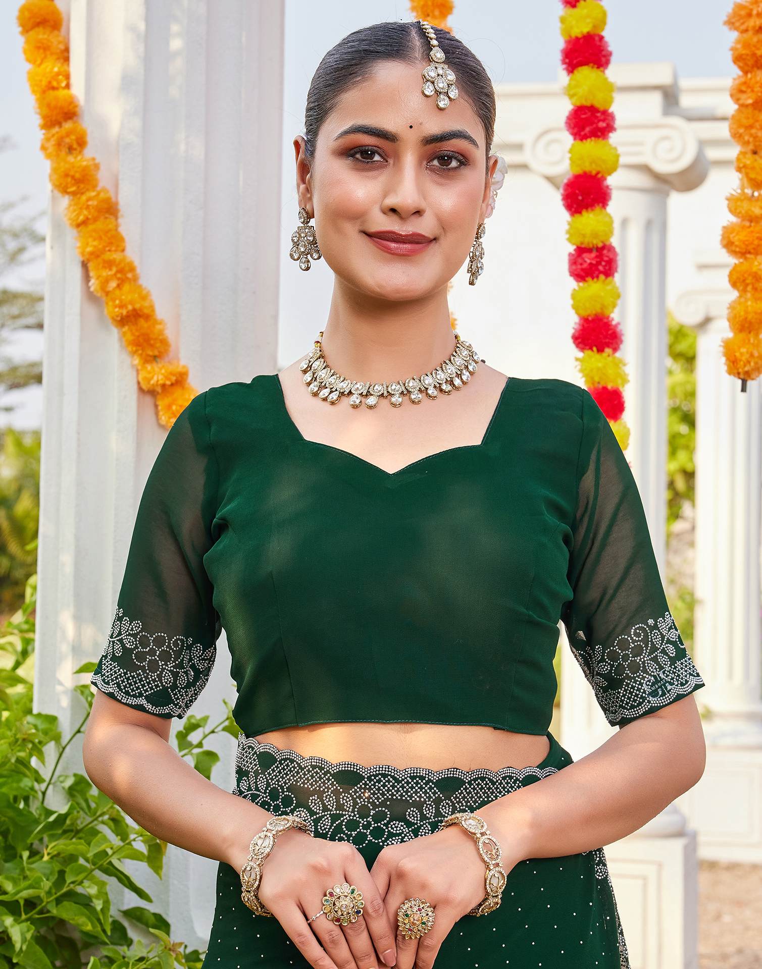 Green Georgette Stone Work Swarovski Saree