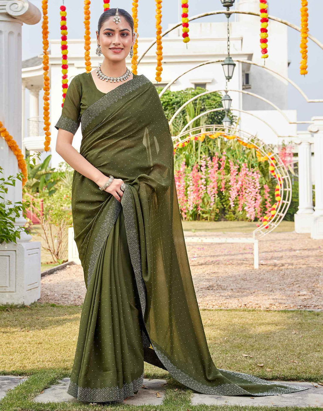 Olive Green Shimmer Stone Work Swarovski Saree