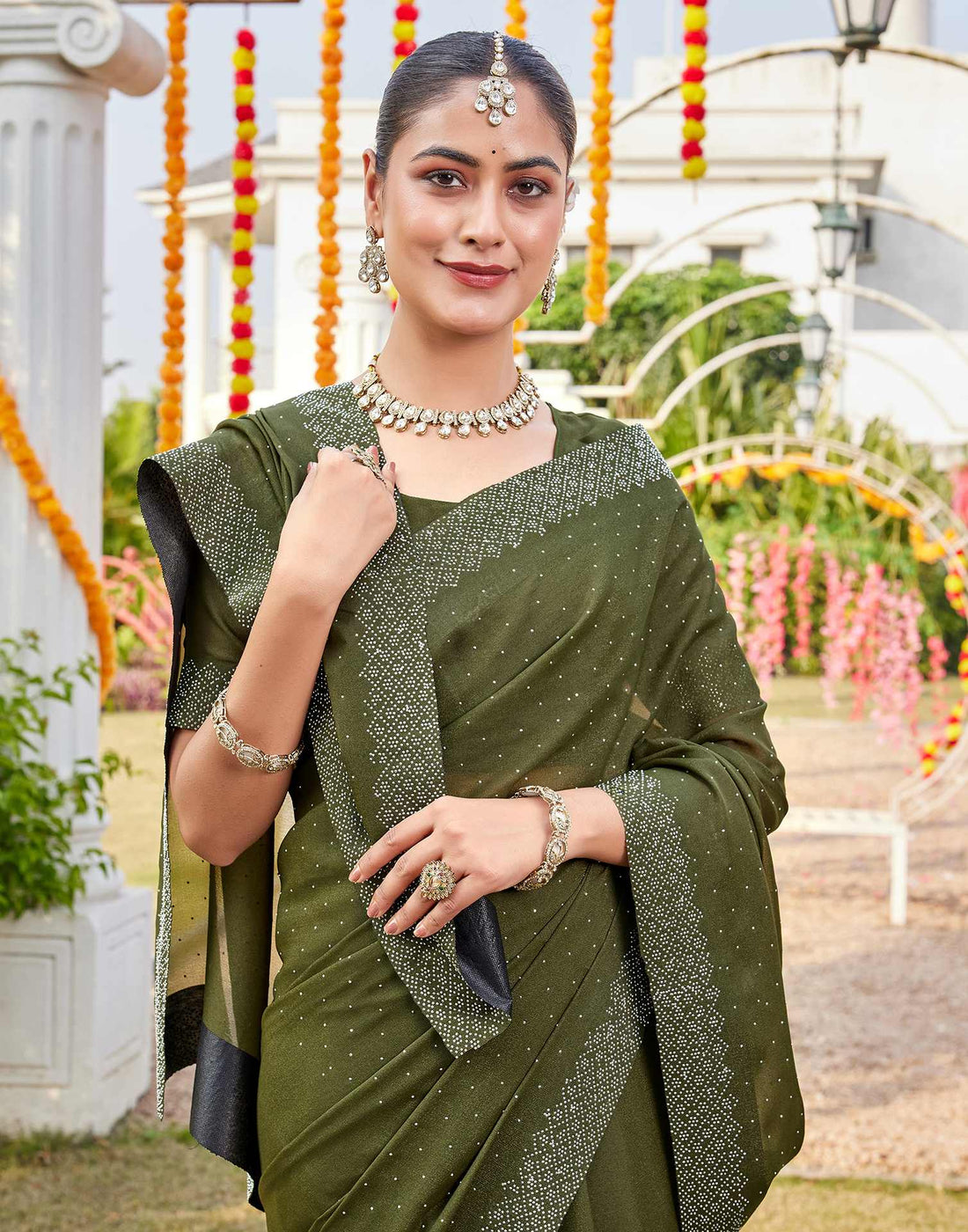 Olive Green Shimmer Stone Work Swarovski Saree