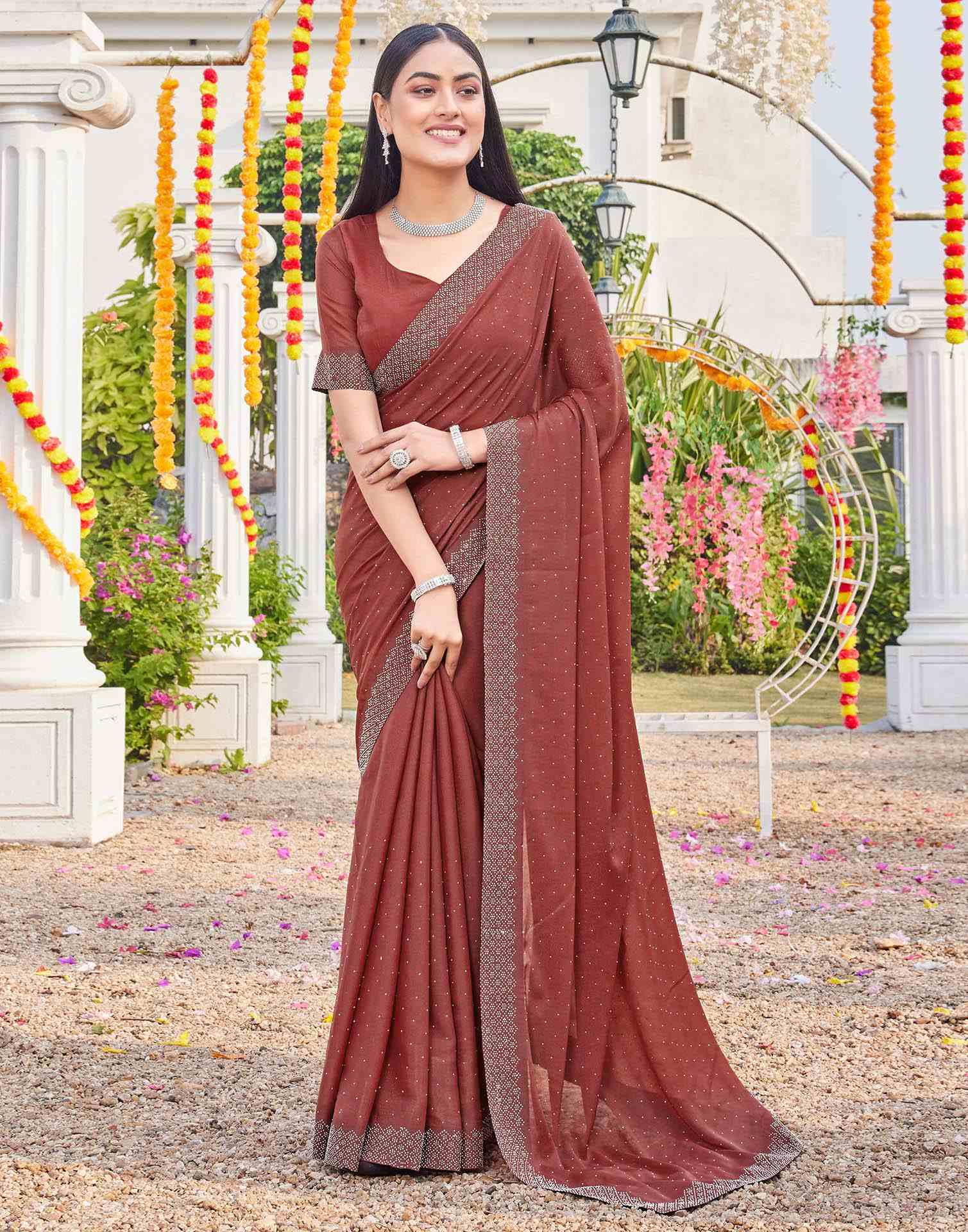 Brown Shimmer Stone Work Swarovski Saree