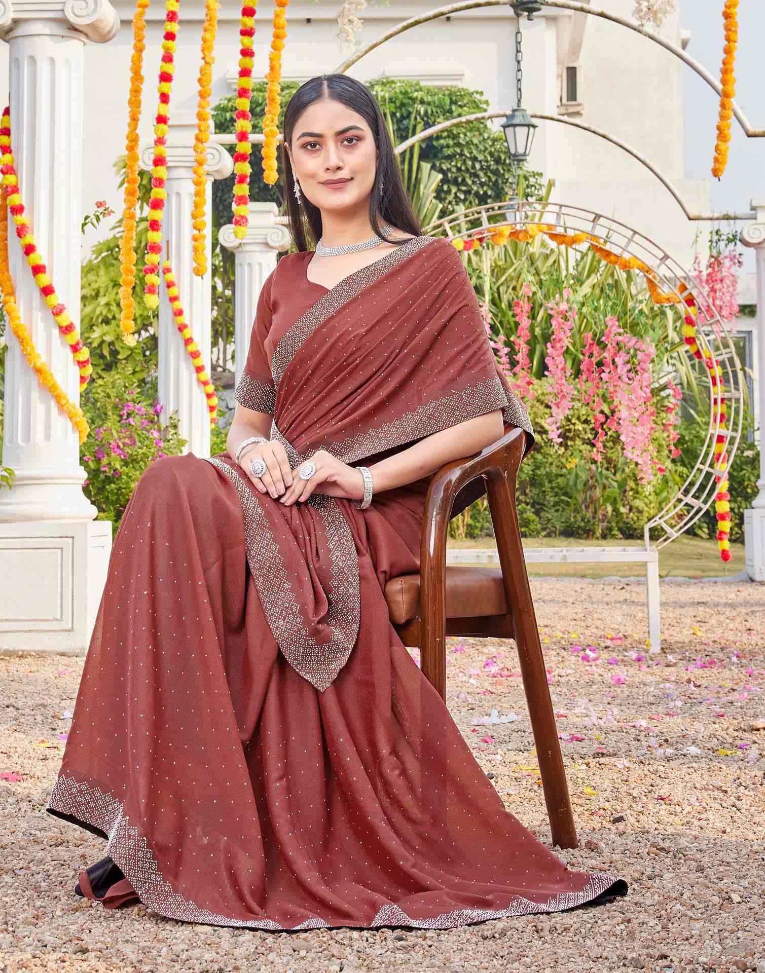 Brown Shimmer Stone Work Swarovski Saree