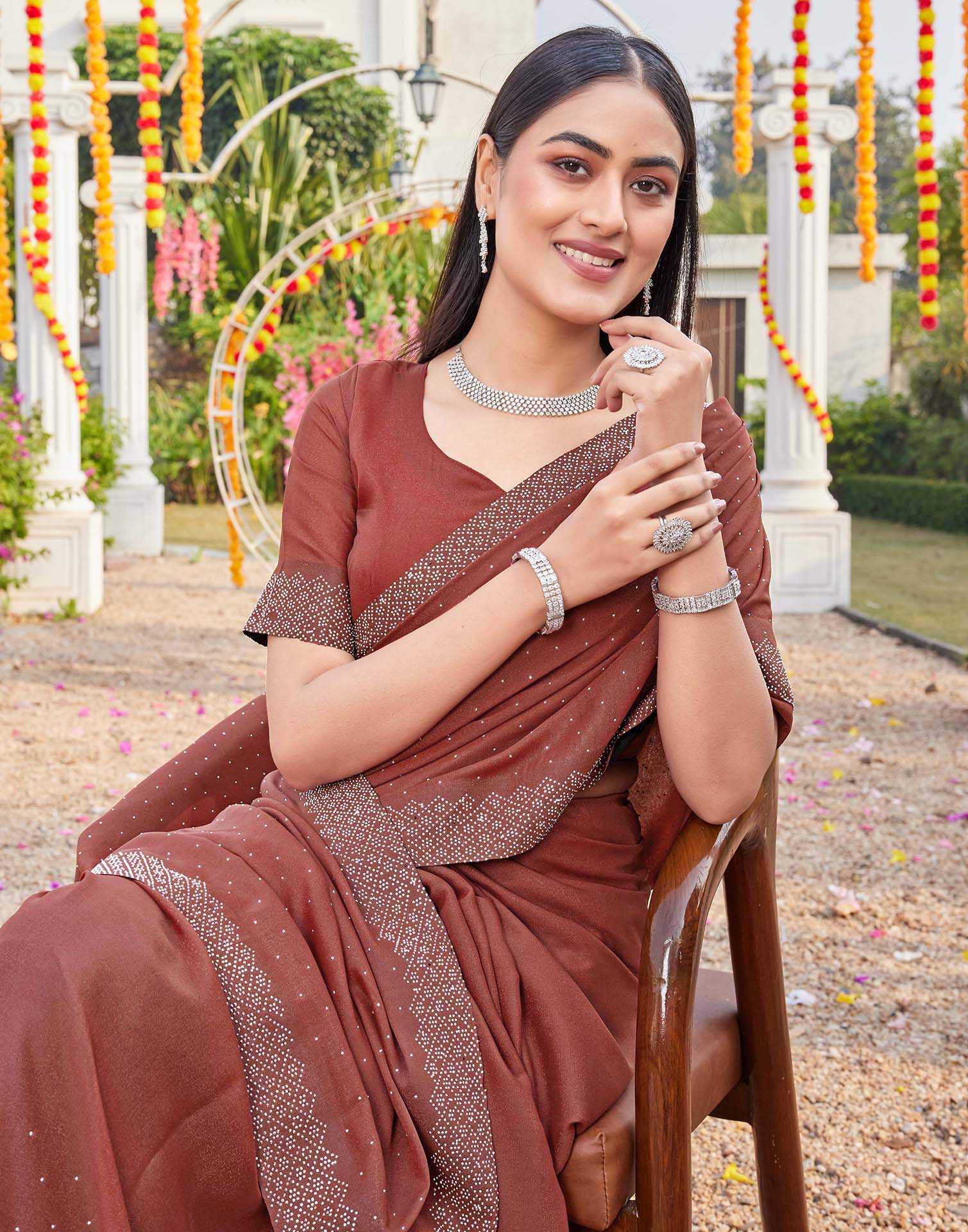 Brown Shimmer Stone Work Swarovski Saree