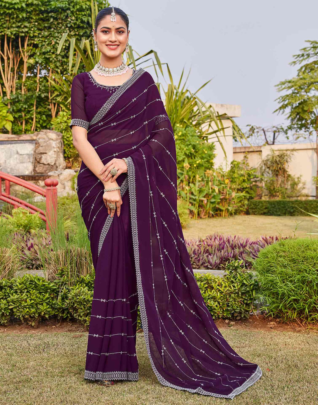 Dark Purple Georgette Stone Work Embellished Saree