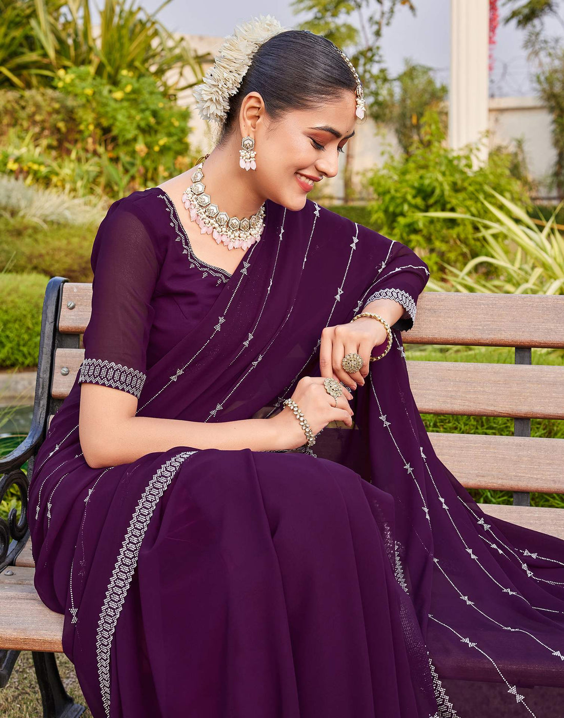 Dark Purple Georgette Stone Work Embellished Saree