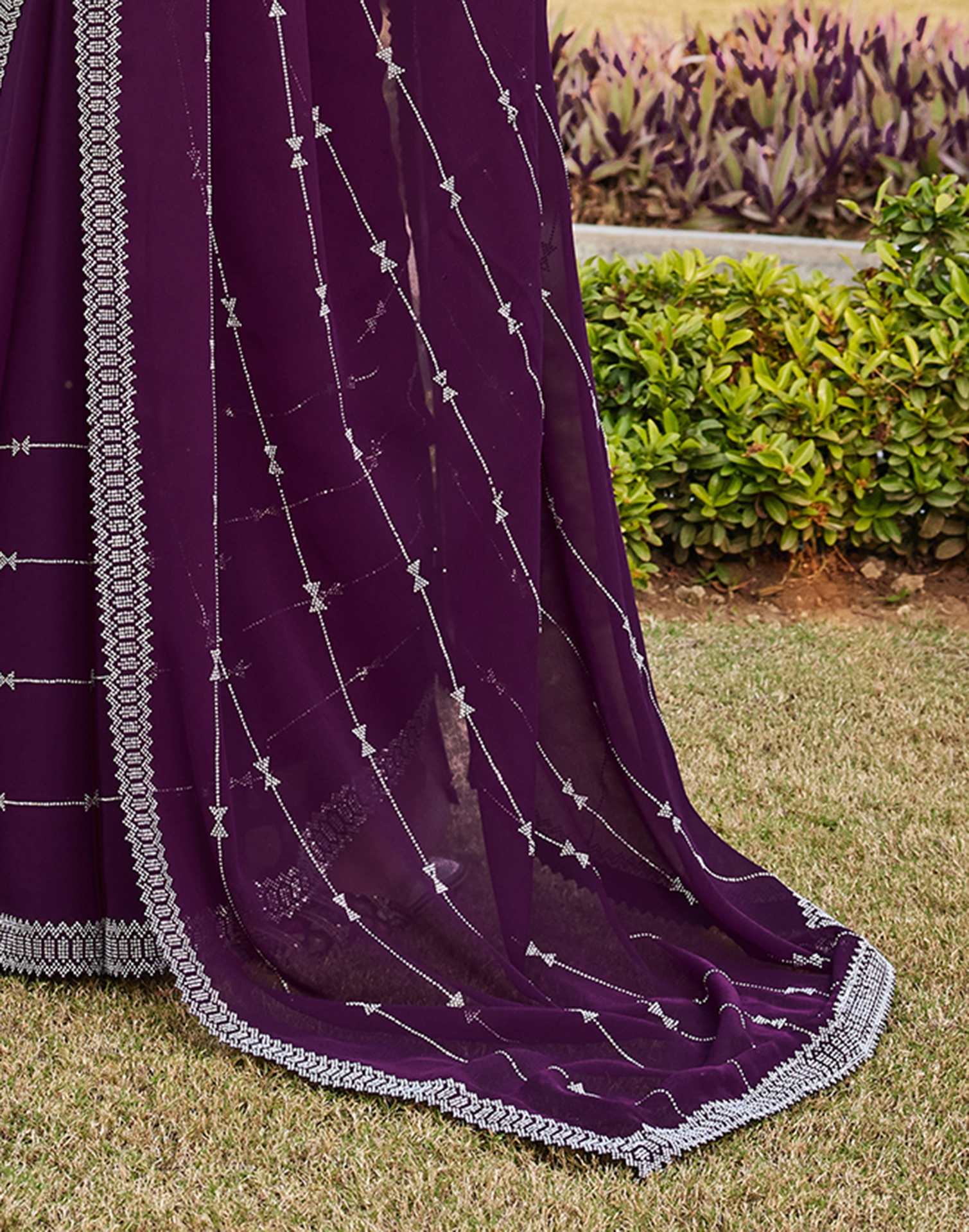 Dark Purple Georgette Stone Work Embellished Saree