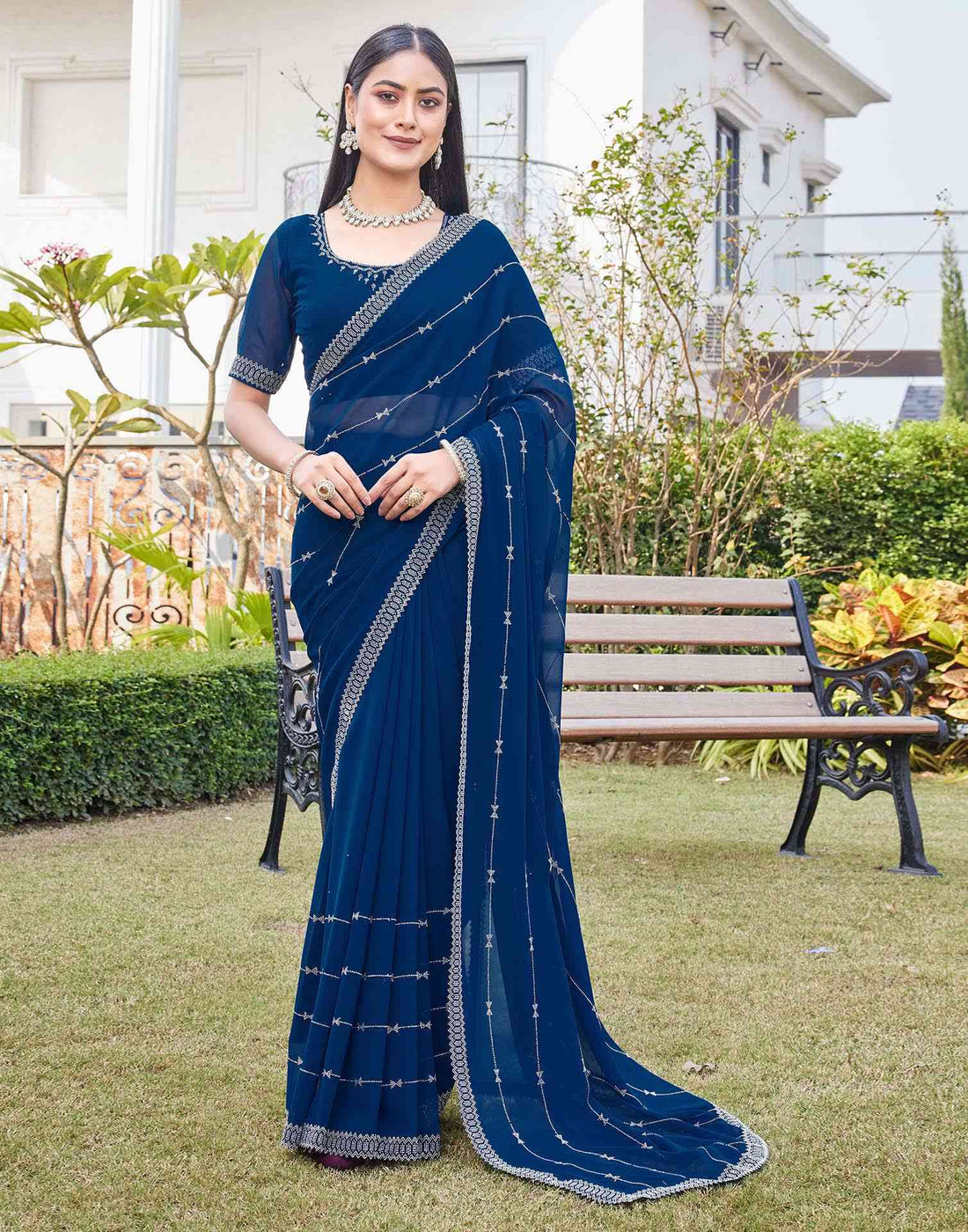Dark Blue Georgette Stone Work Embellished Saree