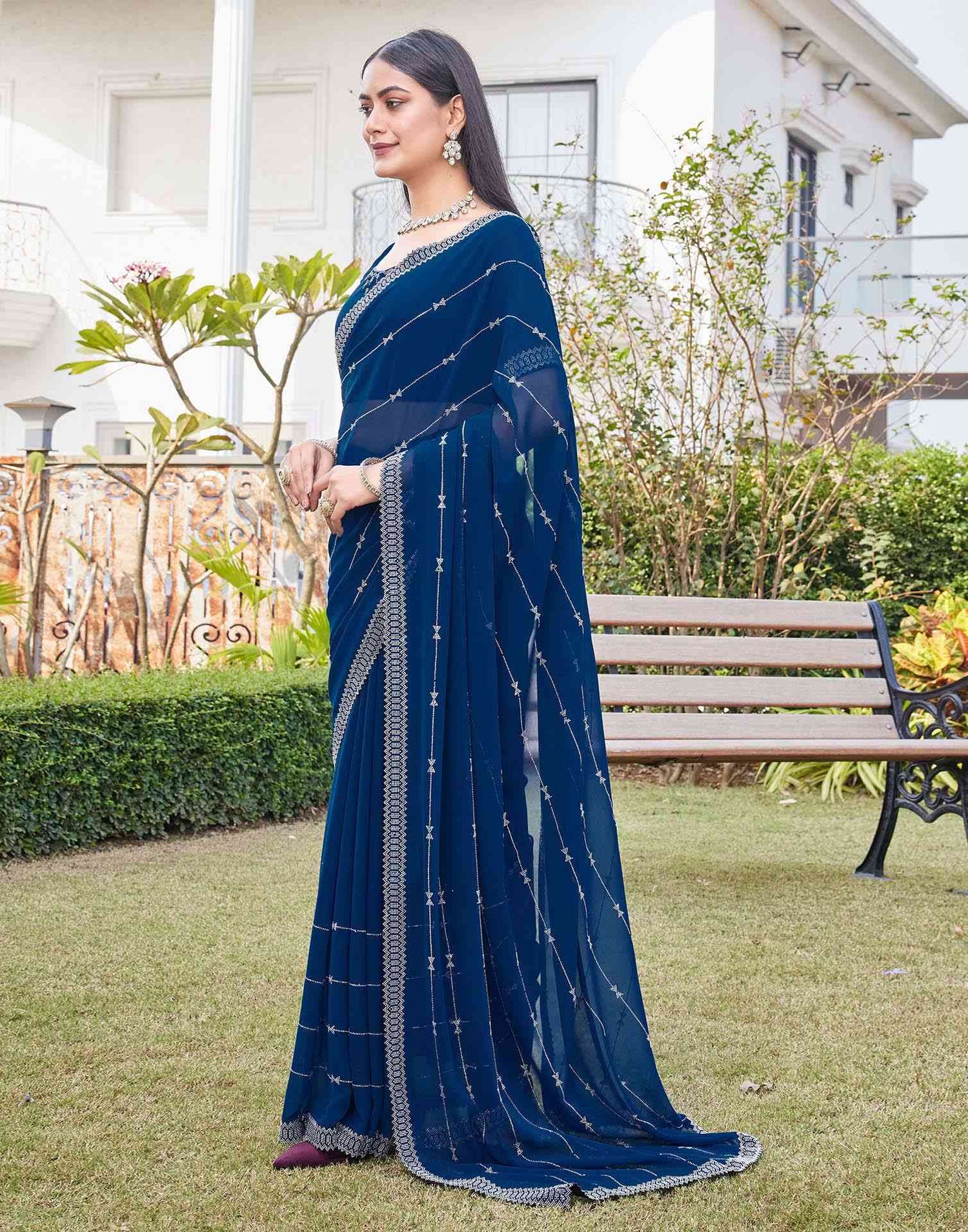 Dark Blue Georgette Stone Work Embellished Saree