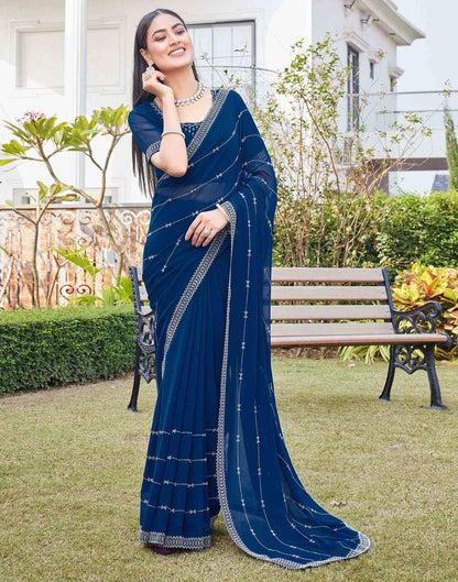 Dark Blue Georgette Stone Work Embellished Saree