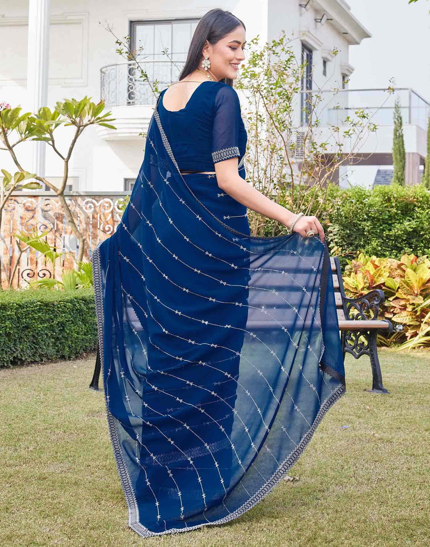 Dark Blue Georgette Stone Work Embellished Saree