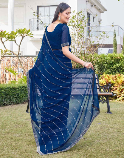 Dark Blue Georgette Stone Work Embellished Saree