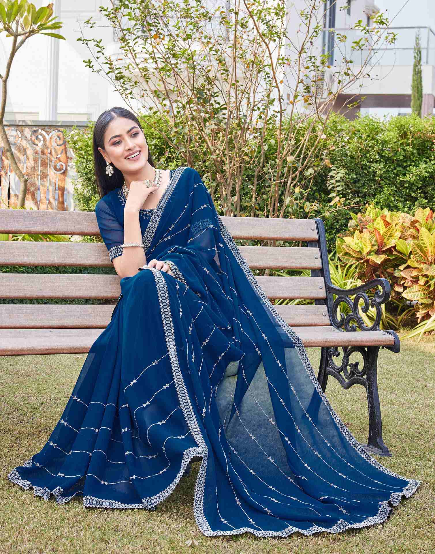 Dark Blue Georgette Stone Work Embellished Saree