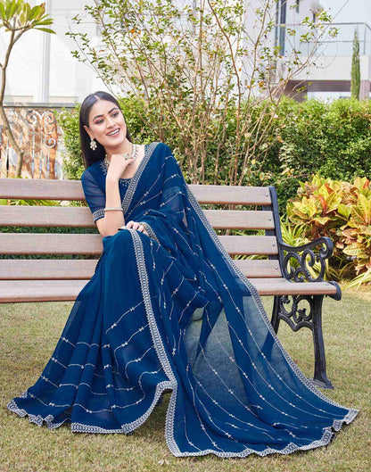 Dark Blue Georgette Stone Work Embellished Saree