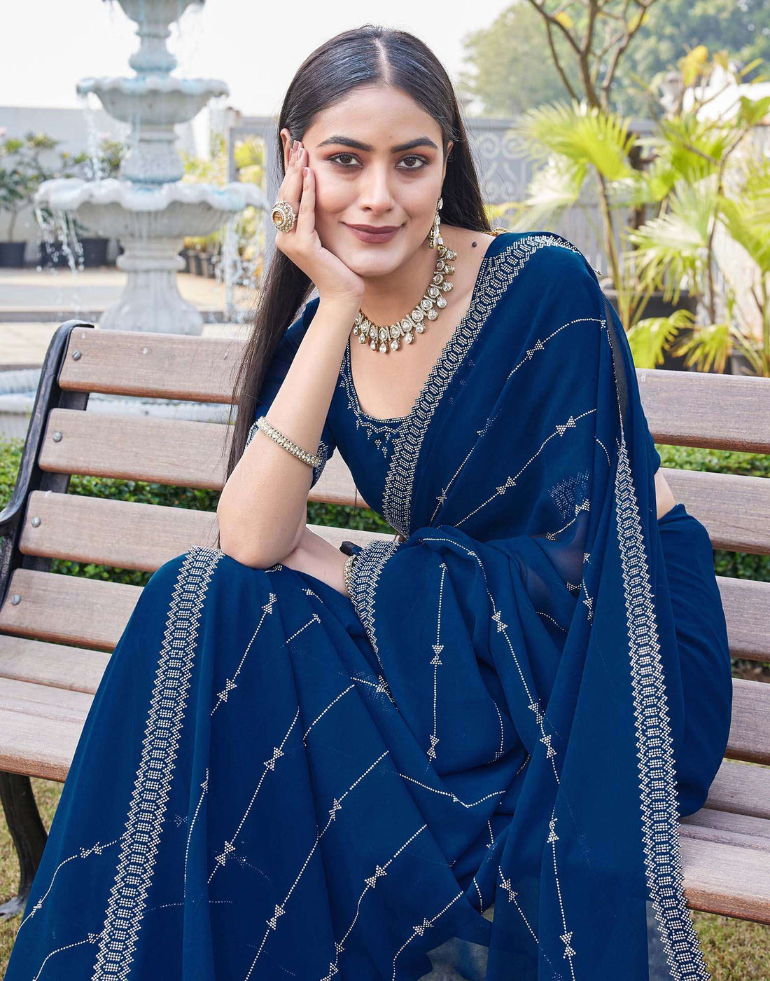 Dark Blue Georgette Stone Work Embellished Saree