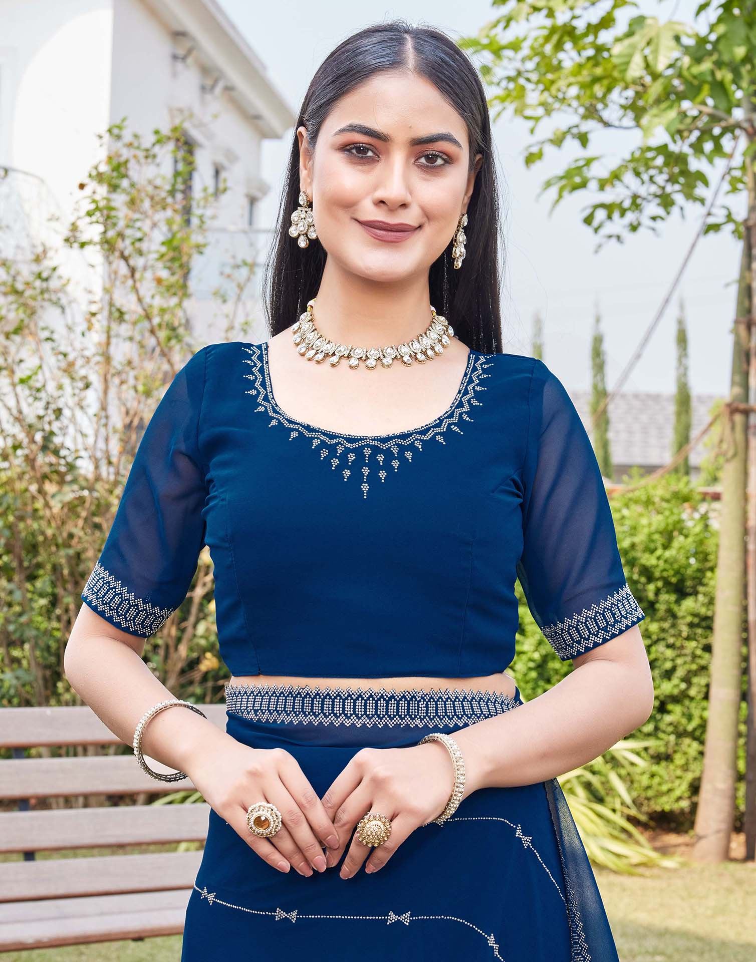 Dark Blue Georgette Stone Work Embellished Saree