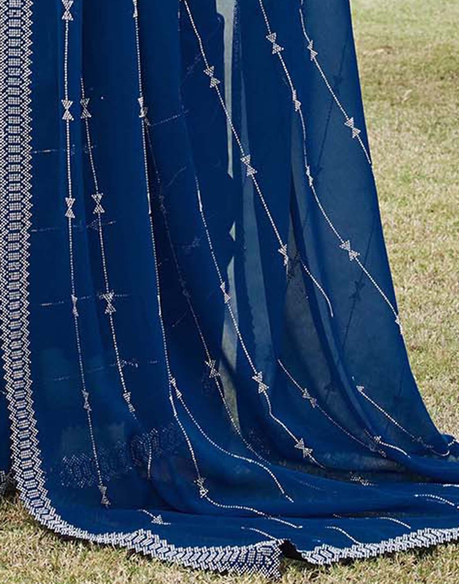 Dark Blue Georgette Stone Work Embellished Saree