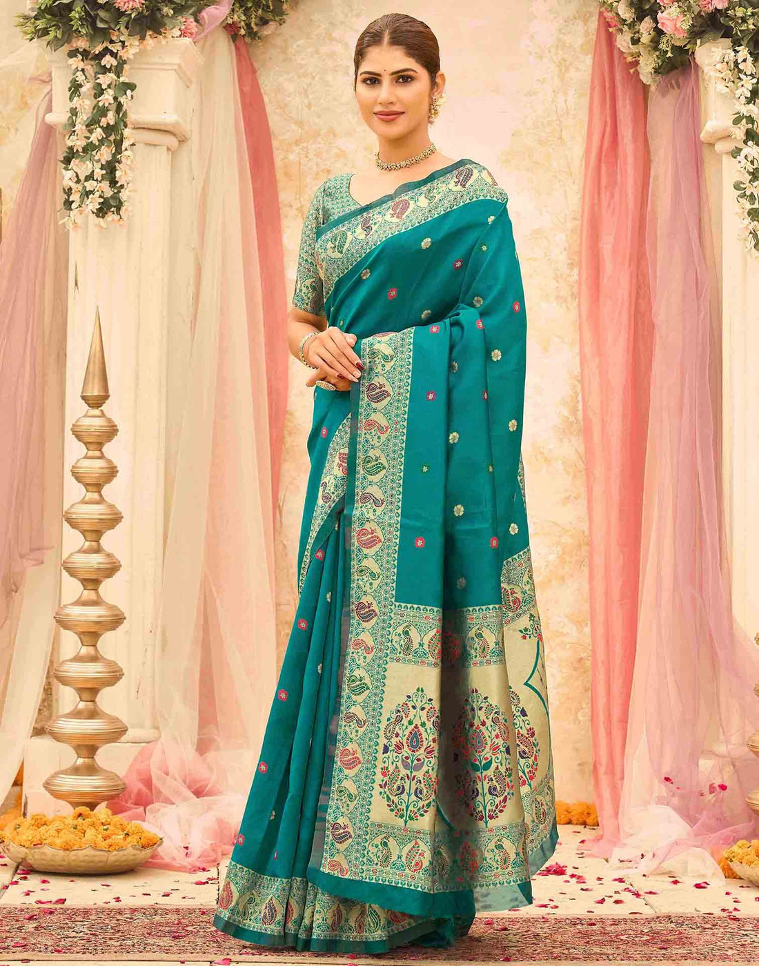 Teal Green Silk Woven Paithani Saree