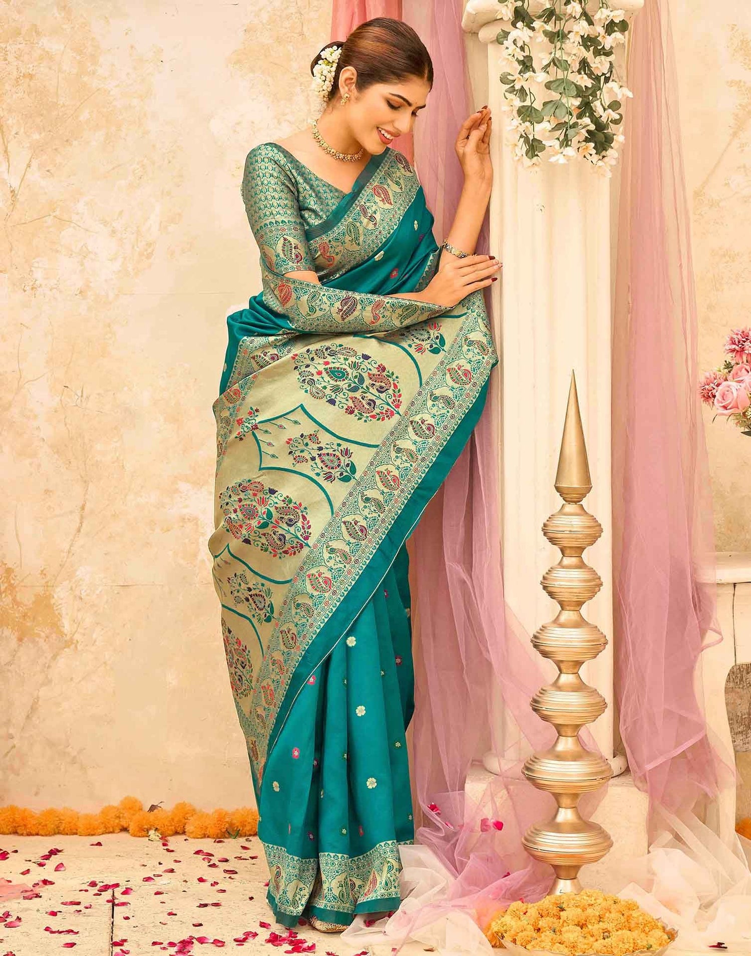 Teal Green Silk Woven Paithani Saree