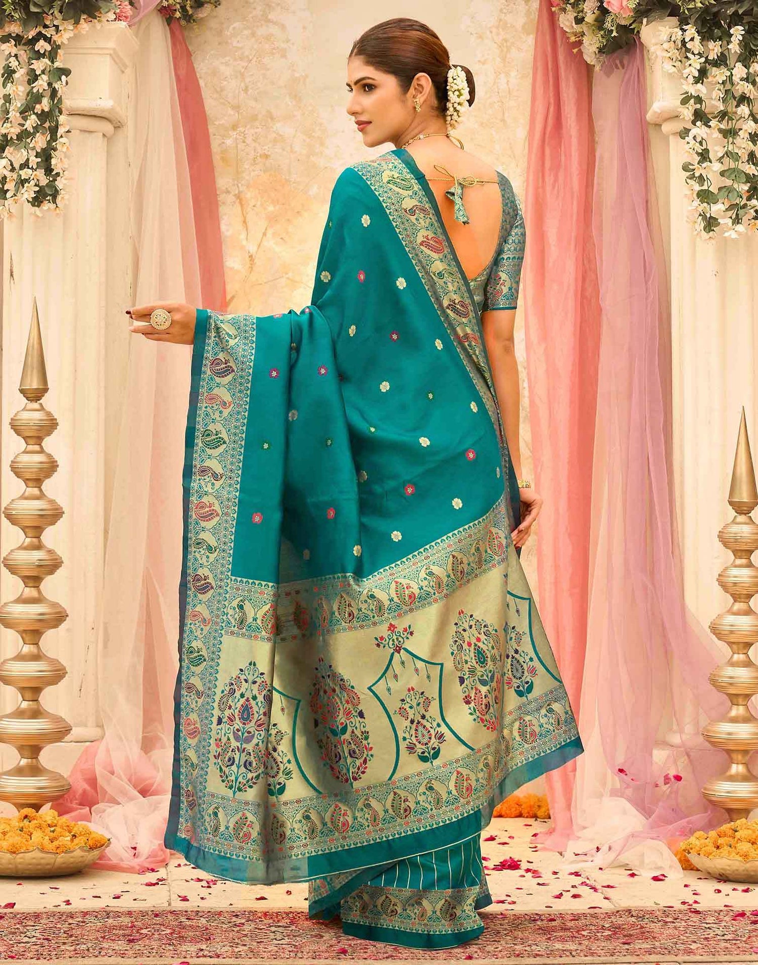 Teal Green Silk Woven Paithani Saree