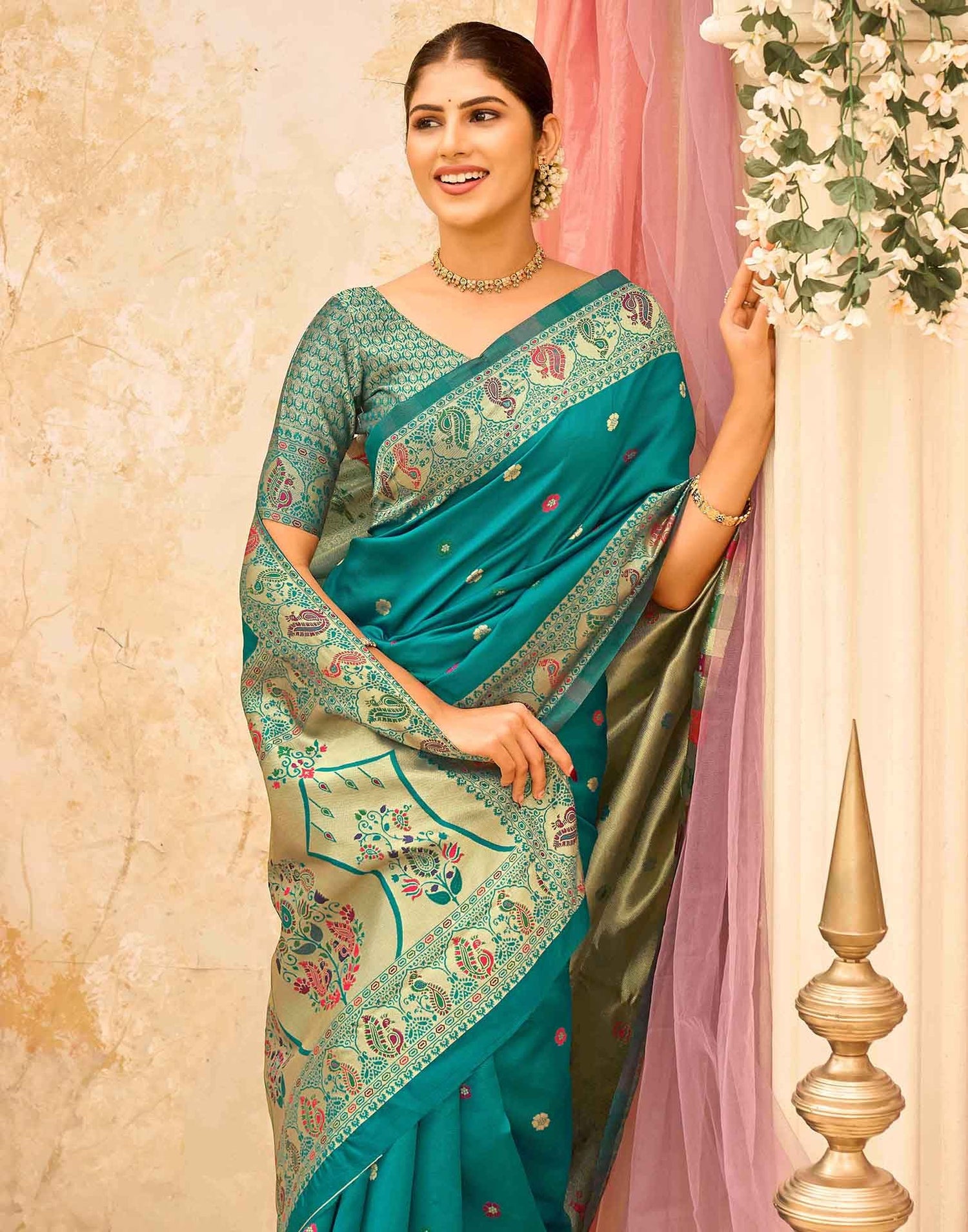 Teal Green Silk Woven Paithani Saree
