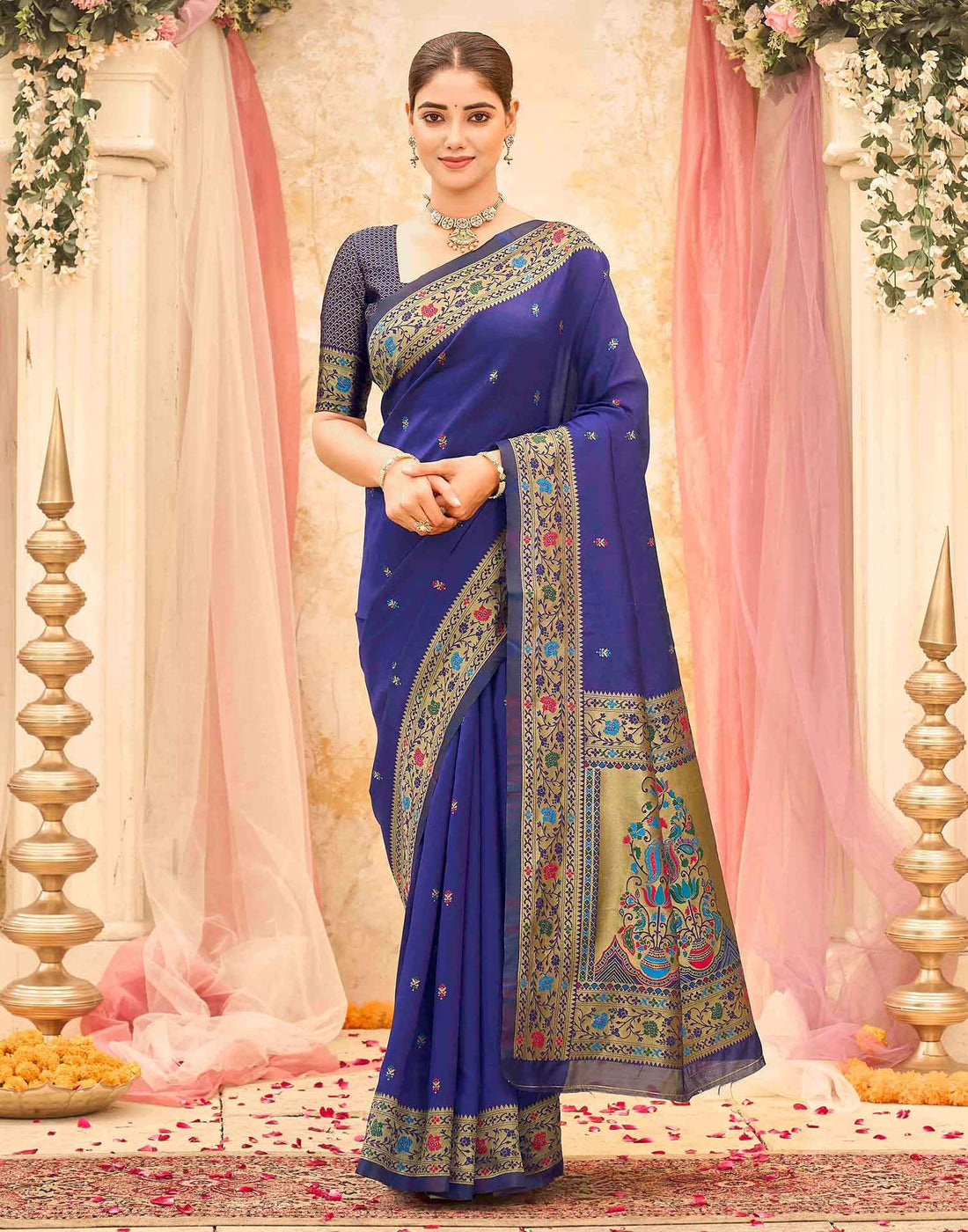 Navy Blue Silk Woven Paithani Saree