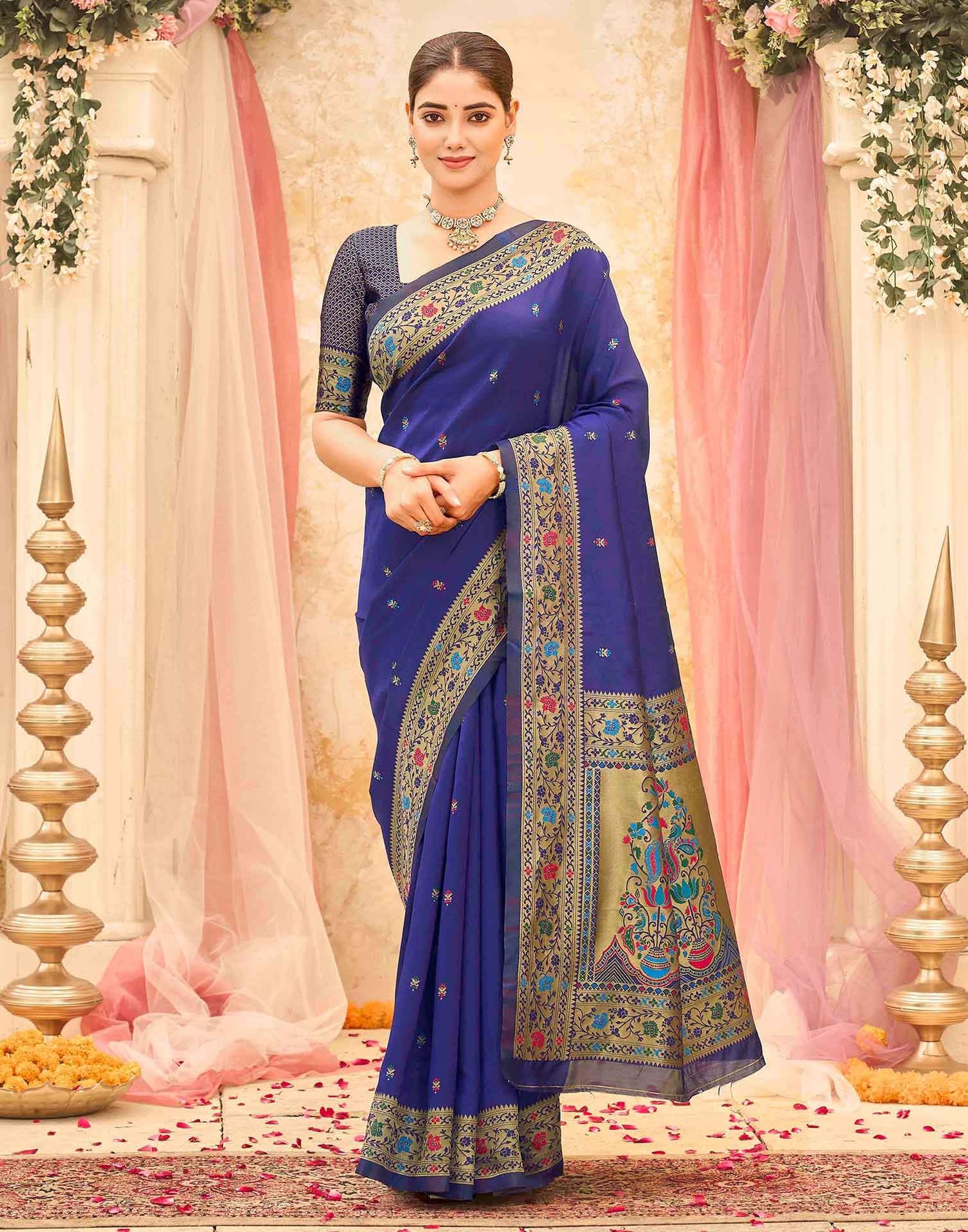 Navy Blue Silk Woven Paithani Saree