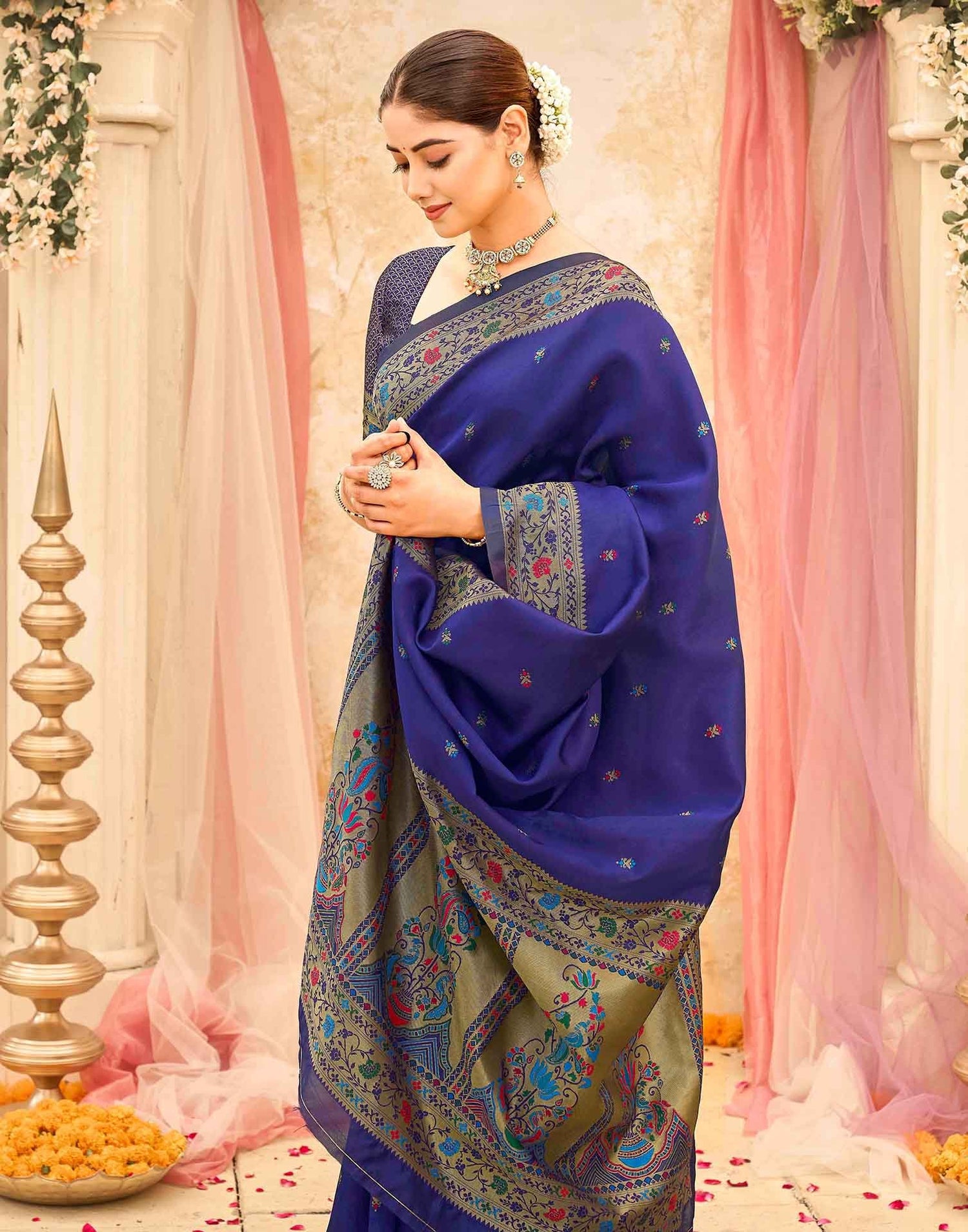 Navy Blue Silk Woven Paithani Saree