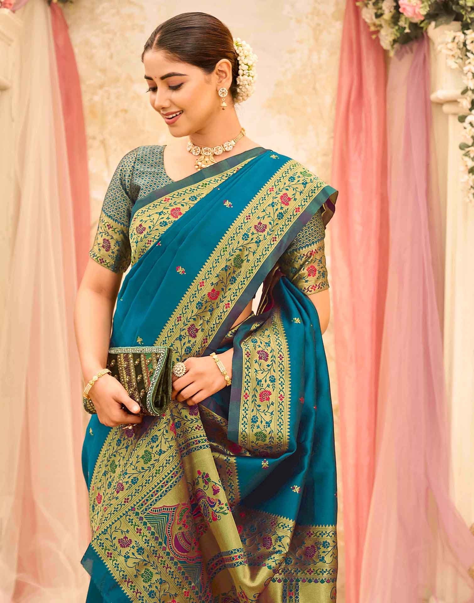 Rama Blue Silk Woven Paithani Saree