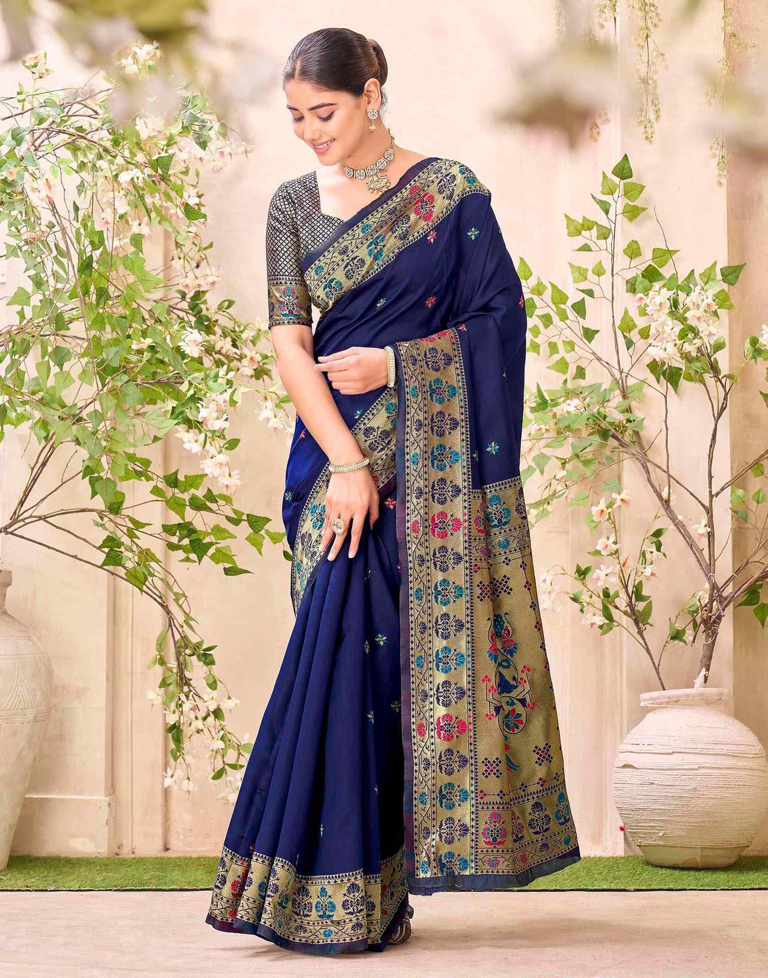 Navy Blue Silk Woven Paithani Saree