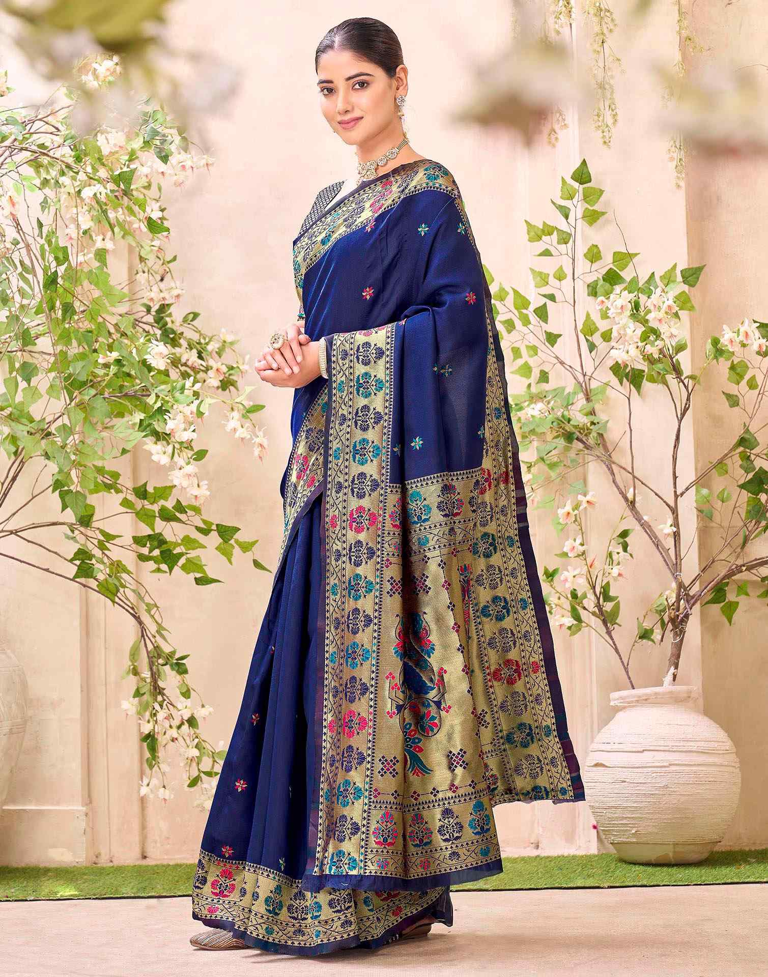 Navy Blue Silk Woven Paithani Saree