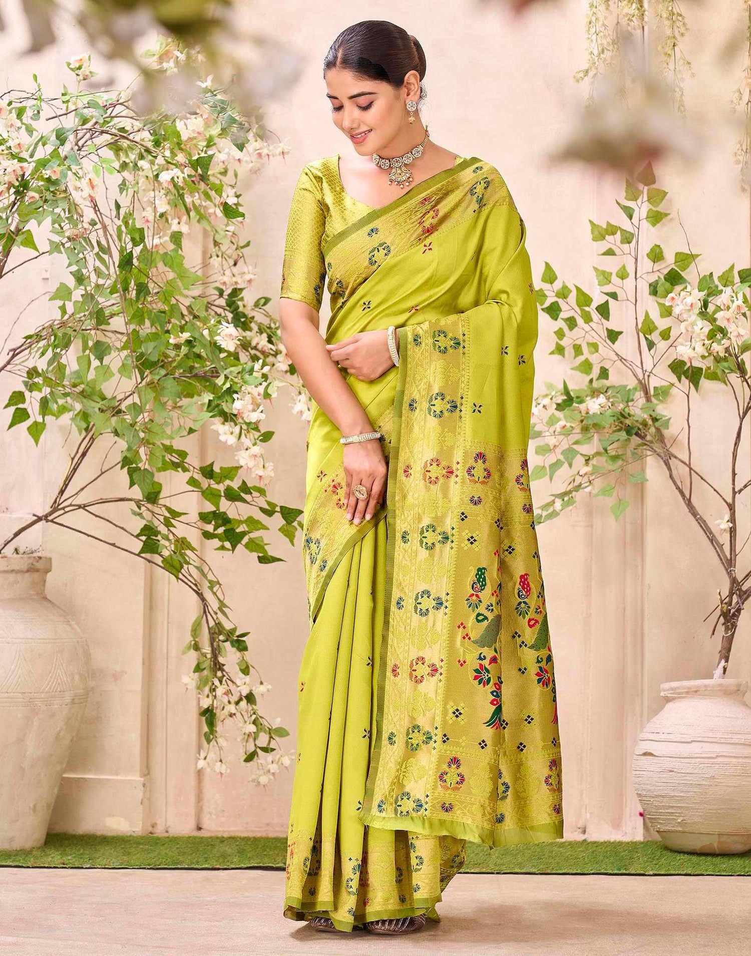 Lime Green Silk Woven Paithani Saree
