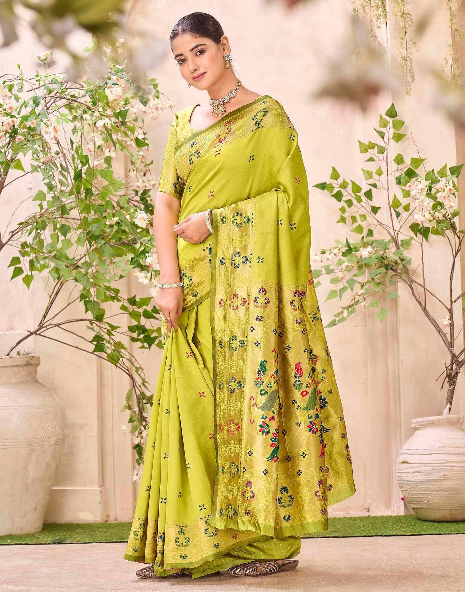 Lime Green Silk Woven Paithani Saree