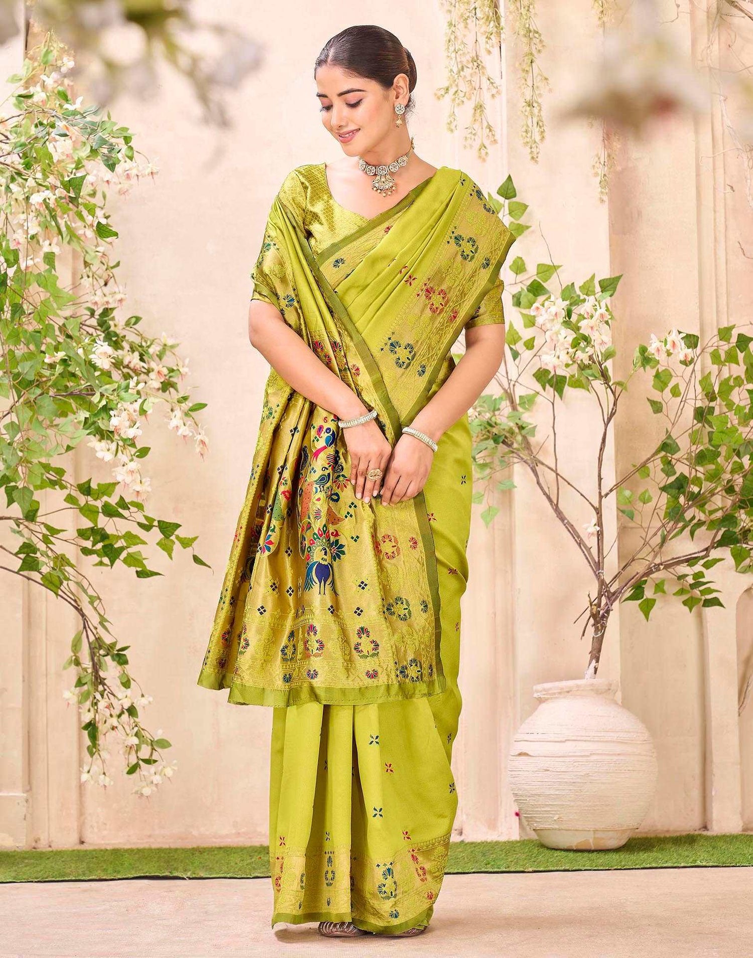 Lime Green Silk Woven Paithani Saree