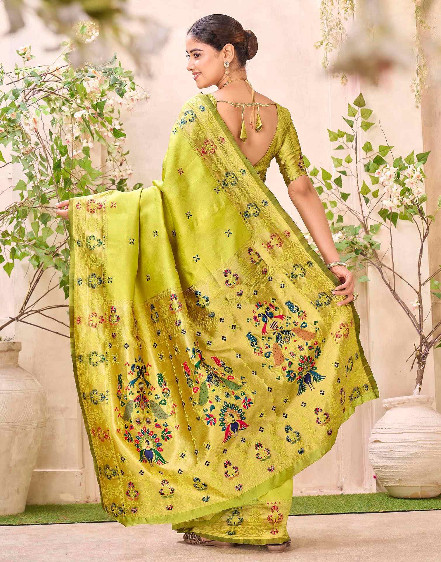 Lime Green Silk Woven Paithani Saree