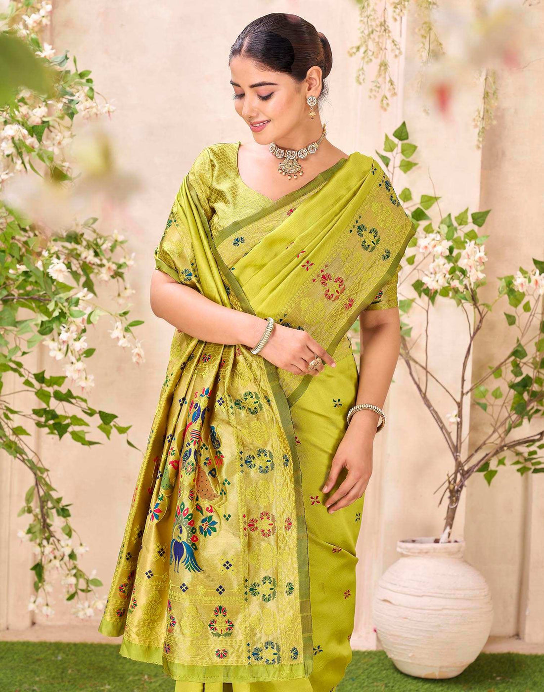 Lime Green Silk Woven Paithani Saree