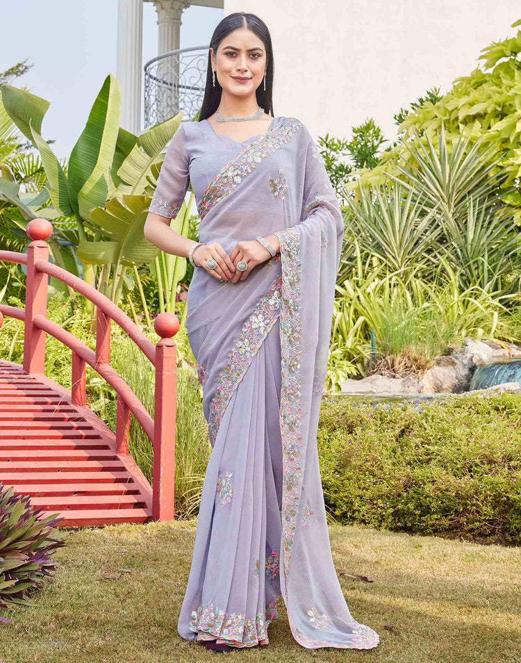 Grey Georgette Sequence Embroidery Saree